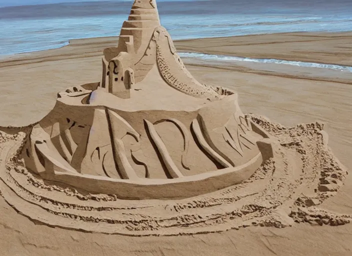 Image similar to beautiful sand sculpture on the beach, 8 k, matte painting, in the style of artist, ann stokes