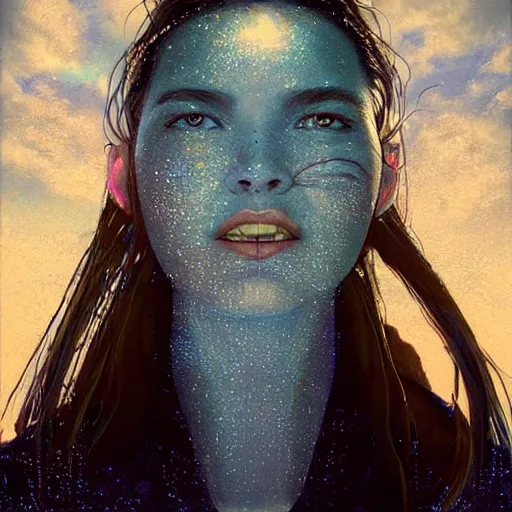 Image similar to 3 d, sci - fi, close - up, morning, smiling fashion model face, sun, cinematic, clouds, sun rays, vogue cover style, poster art, blue mood, realistic painting, intricate oil painting, high detail illustration, figurative art, multiple exposure, poster art, by tooth wu and wlop and beeple and greg rutkowski