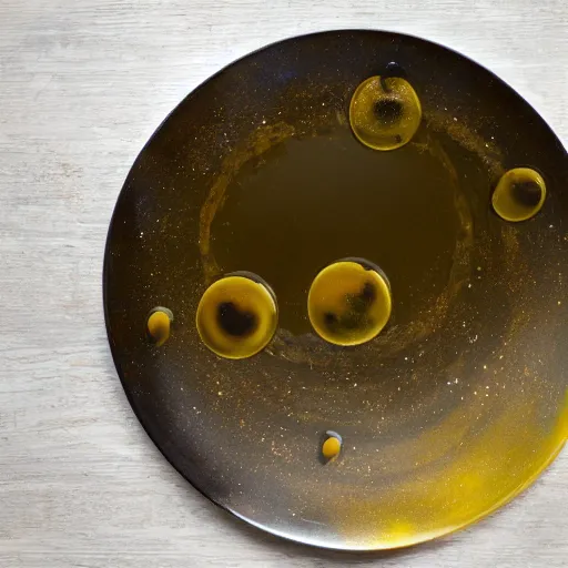 Prompt: olive oil and vinegar drizzled on a plate in the shape of the solar system