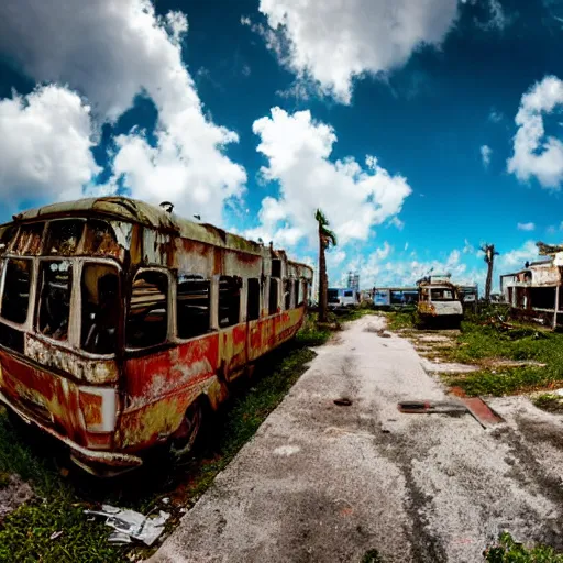 Image similar to wide angle shot of dilapidated fallout 5 miami, tropical coastal city, desolate, dilapidated, just a rusted retro futuristic vintage parked vehicles like cars, buses, trucks, trams, sunny weather, few clouds, volumetric lighting, photorealistic, daytime, spring, 4 0 0 0 k sharp focus, ultra detailed