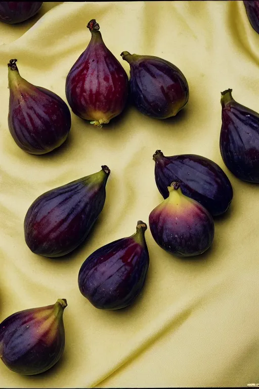 Image similar to Photo print of figs lying on a beige silk cloth, food photography, award winning, highly detailed, 4k, 1970s National Geographic.