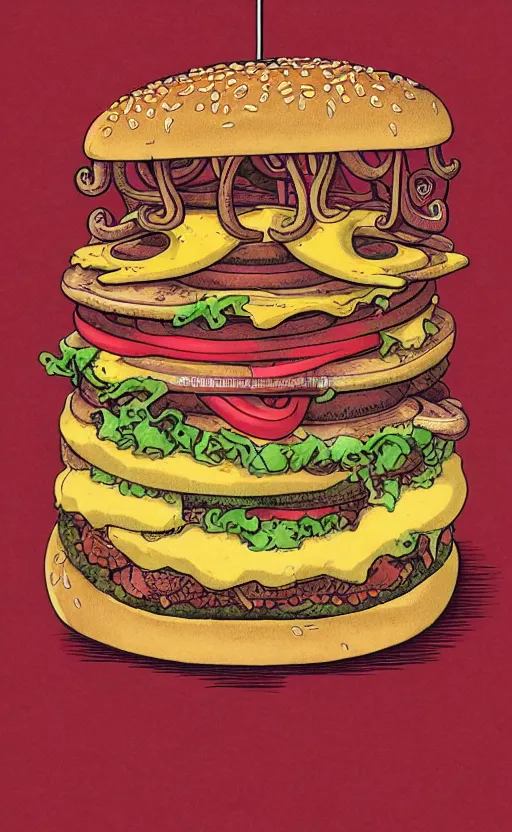 Image similar to highly detailed pencil illustration of octopus eating a burger, symmetrical, hd, trending, silk screen