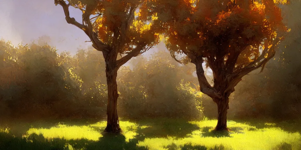 Image similar to digital art painting of a single tree in the middle of a front yard painted by craig mullins and gaston bussiere and greg rutkowski