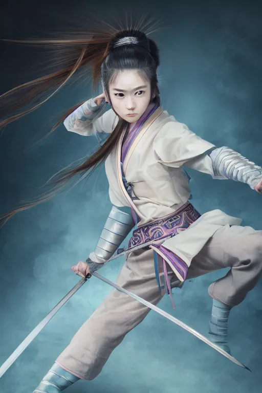 Prompt: highly detailed beautiful photo of a young female samurai, practising sword stances, symmetrical face, beautiful eyes, realistic anime art style, 8 k, award winning photo, pastels colours, action photography, 1 / 1 2 5 shutter speed, dramatic lighting