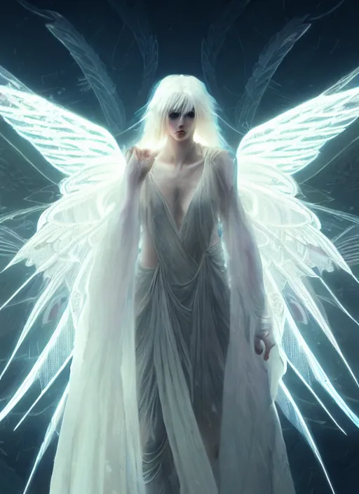 Image similar to a beautiful white haired angel with delicate wings, intricate concept art, ethereal, ominous, mysterious, enchanted, magic, dramatic lighting, illuminated lines, outrun, vaporware, illuminated runes, cyberpunk darksynth, dark background, 8 k, by ruan jia and krenz cushart and alphonse mucha