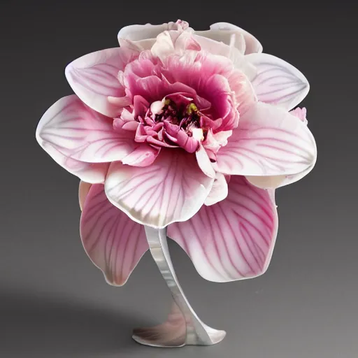 Prompt: genetically modified blend of rose lily carnation orchid ranunculus anenome, floral arrangement in futuristic!! vase made of mother of pearl, architectural digest, year 2 3 0 0