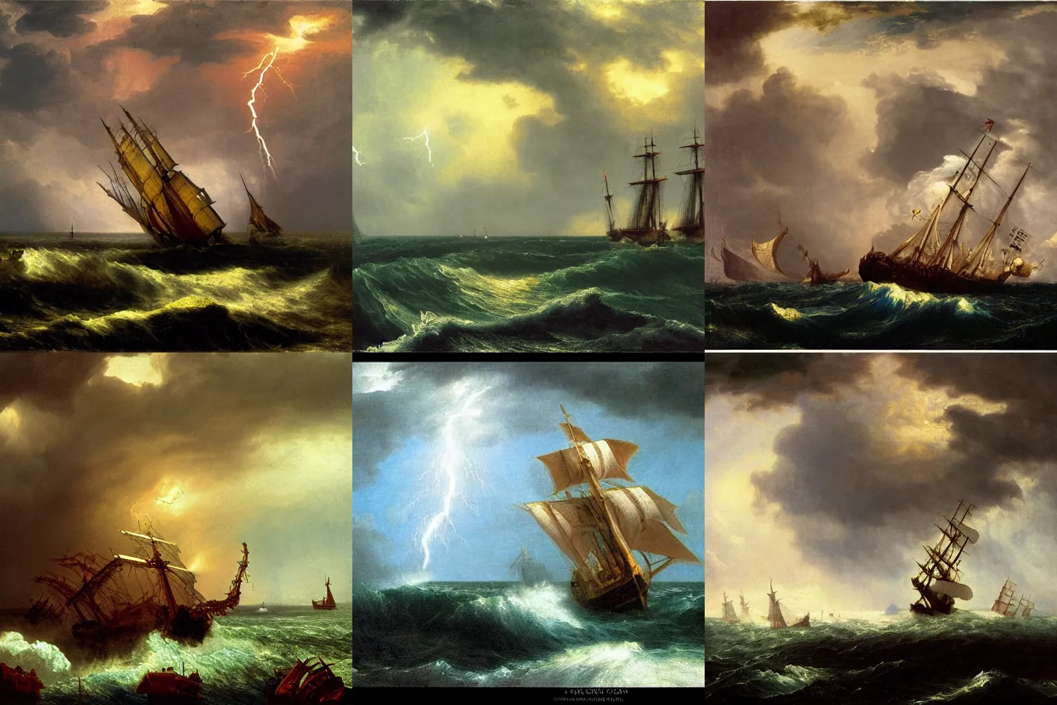Prompt: a sea kraken attacking a 1700's trading galleon, stormy sky, lightning, lightning, lightning, albert bierstadt, oil painting, 4k