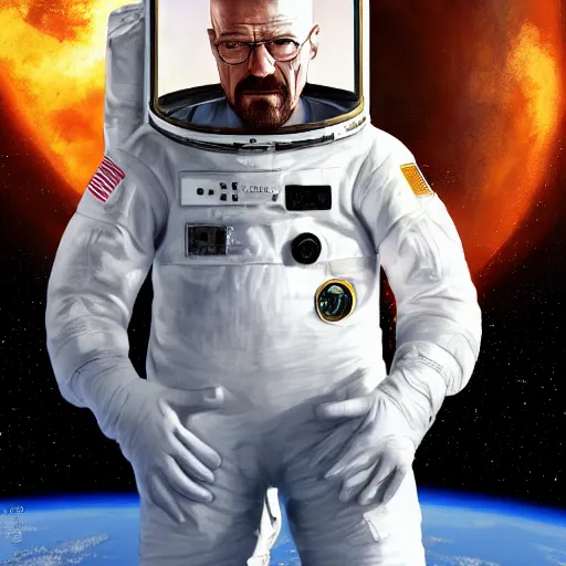 Image similar to Walter white from breaking bad, wearing an astronaut suit in space, dynamic lighting, photorealistic concept art, stunning visuals, creative, cinematic, ultra detailed, trending on art station, detailed