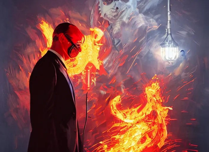 Prompt: a man wearing a suit, wearing a flaming carnival mask made of fire, emitting smoke and sparks, fantasy, cinematic, fine details by realistic shaded lighting poster by ilya kuvshinov katsuhiro otomo, magali villeneuve, artgerm, jeremy lipkin and michael garmash and rob rey