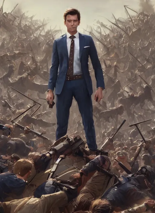 Image similar to epic cinematic action artwork of a man in his twenties with brown hair wearing a blue business suit and holding a briefcase standing defiantly in front of an army of warriors by Greg Rutkowski, 4k, masterpiece