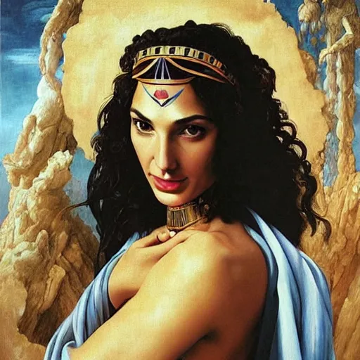 Image similar to Full body oil painting of the beautiful goddess Gal Gadot, she is egyptian, she is wearing a strophion and a surreal ornate, her hair is natural disheveled, she is approaching heaven over the clouds, naturalism, dramatic lighting, high-detailed oil painting by Ilya Repin, Michelangelo da Caravaggio, William Blake, Alex Grey and Beksinski, trending on Artsation, hystorical painting, naturalism, masterpiece, 4k, 8k,