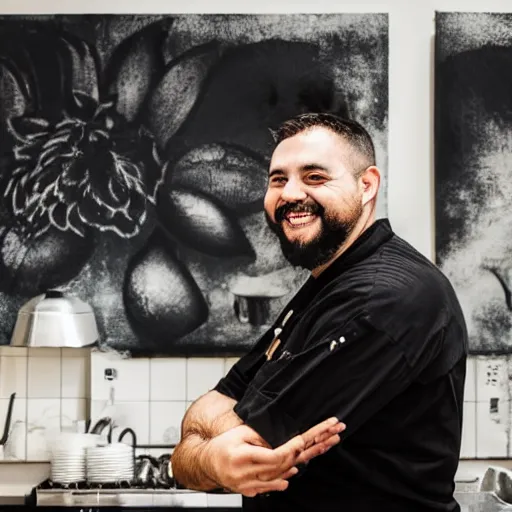 Prompt: A high contrast portrait of a very happy fuzzy pandadressed as a chef in a high end kitchen making dough.There is a painting of flowers on the wall behind him.