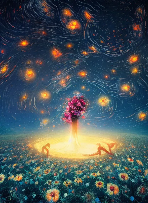 Image similar to An epic fantastic realism comic book style painting of the most beautiful entwined flowers launched across the dark and starry night sky, nebulous bouquets, fisheye lens, unreal 5, DAZ, hyperrealistic, octane render, dynamic lighting