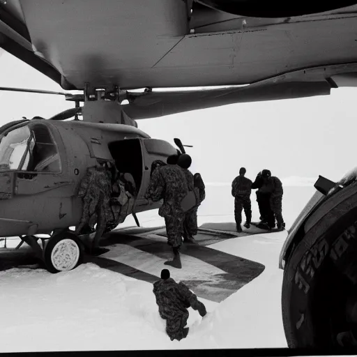 Image similar to closeup 3 5 mm film uhd 8 k photograph of middle aged caucasian men in camo unloading cargo from a black military 1 9 8 2 helicopter at a top secret military base in antarctica