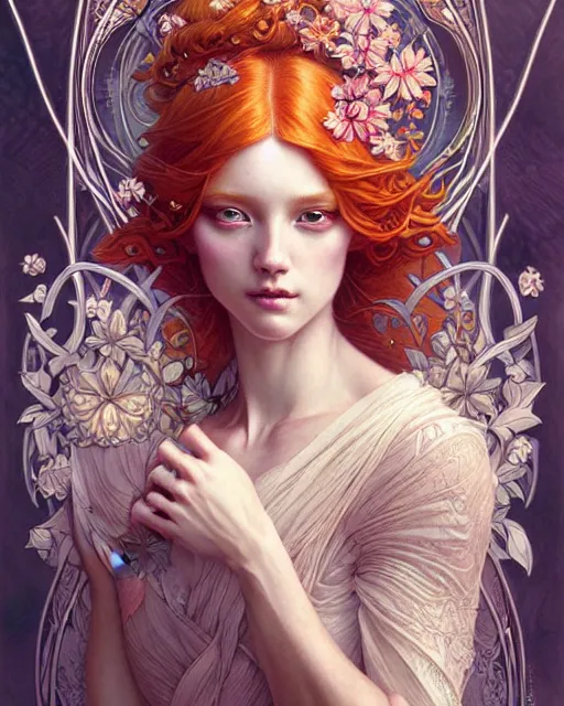 Prompt: Beautiful and playful ethereal ginger portrait, art nouveau, fantasy, intricate flower designs, elegant, highly detailed, sharp focus, art by Maximalism, Artgerm and Greg Rutkowski and WLOP