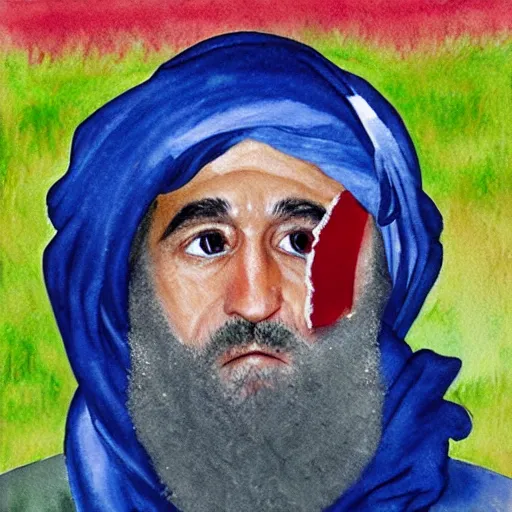 Image similar to George bush dressed as Osama bin laden painting a watercolor pyramid with an eye inside the triangle