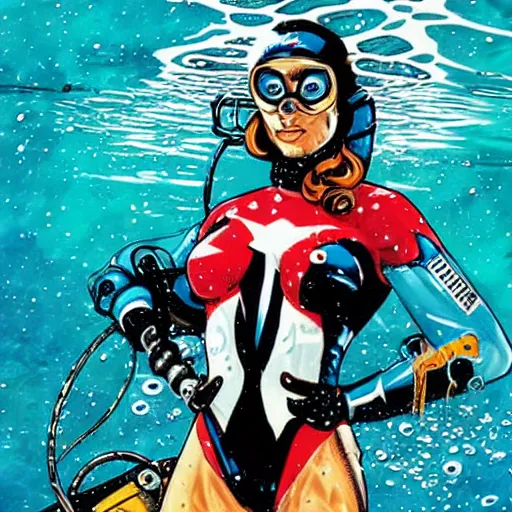 Prompt: full body painting of an underwater diver, by MARVEL comics and Sandra Chevrier