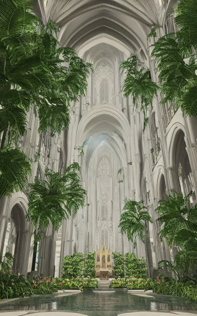 Prompt: beautiful grand cathedral interior with koi! pond!! in the! middle! surrounded by palm trees, ivy, flowers!!, tropical plants, roses!!, and with archways, rendered in octane render with photorealistic volumetric cinematic lighting, wide angle, horizontal symmetry, symmetrical! 8 k