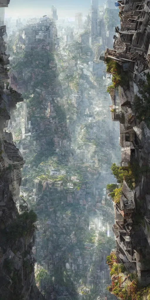 Prompt: a painting of a city built into the side of a cliff, a detailed matte painting by morphosis and daniel libeskind, nature meets architecture, cgsociety, fantastic realism, matte painting, terragen, artstation hq