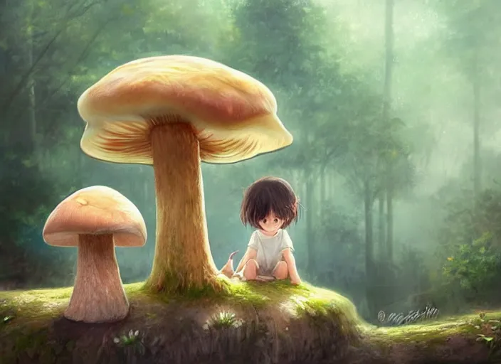 Image similar to a cute creature sitting next to a mushroom concept portrait, detailed, sharp focus, pastel, intricate, realistic, smooth, volumetric lighting, digital painting, by miyazaki