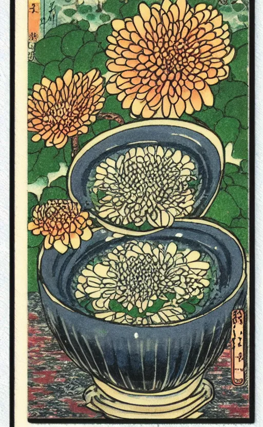 Prompt: by akio watanabe, manga art, chrysanthemum flower inside small japanese sake cup, trading card front