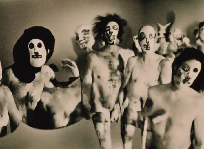 Image similar to polaroid still from an art house film by alejandro jodorowsky, roger ballen and maya deren : : surreal scene in a picturesque setting : : mirrors, masks, costumes : : close - up of the actors'faces : : cinemascope, technicolor, 4 k