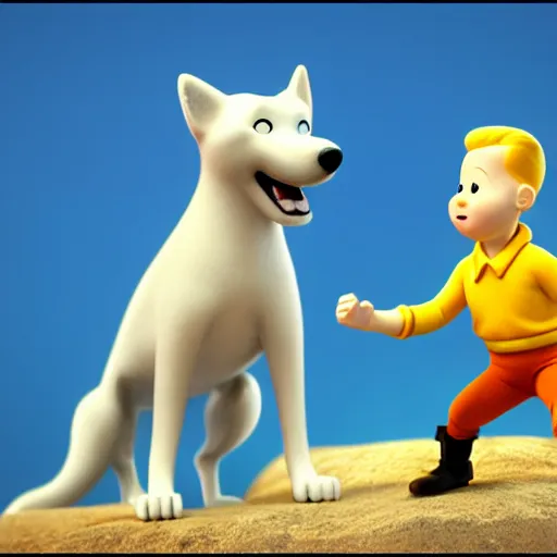 Prompt: tintin and his white wire fox terrier, depicted as a pixar character, high quality cg render, 8 k