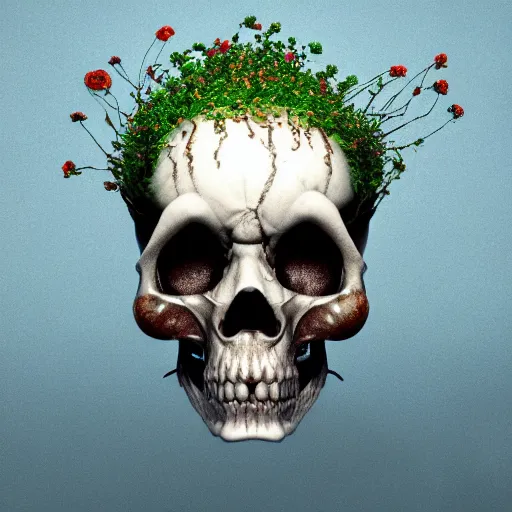 Image similar to Takashi Murakami, 3d render, octane render, A beautiful oil painting hyperrealism of a growing roses out of a skull head, bulging eyes, rotten green skin, grey beard, blue veins, skull bones flowers, 8k resolution, octane render, Trending on artstation, by Gediminas Pranckevicius, zdzisław beksiński, h.r. giger, dan mumford and jeffrey smith, volumetric light 2blue fractal Thunder glow, anaglyph effect, Laurie Lipton