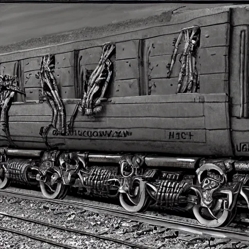 Image similar to boxcar made of human meat and bone, biomechanical railroad, highly detailed, War Photography, by H.R. Giger