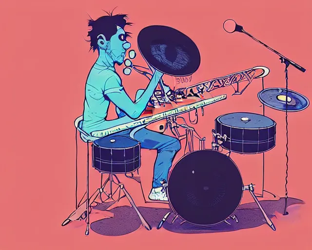 Image similar to a study of cell shaded cartoon of a two man band playing a microKorg synthesizer and drums, subtle colors, post grunge, concept art by josan gonzales and wlop, by james jean, Victo ngai, David Rubín, Mike Mignola, Laurie Greasley, highly detailed, sharp focus, Trending on Artstation, HQ, deviantart, art by artgem