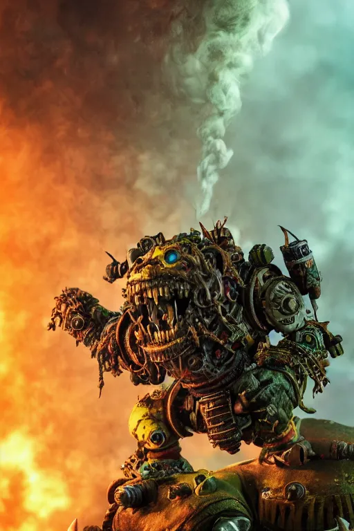 Prompt: a portrait of ork boyz, warhammer 4 0 k setting, dynamic pose, close - up, intricate details, intricately detailed clothing, intricate textures, warm lighting, vivid colors, smoke and mist, realistic octane render, hyper realistic render, volumetric shading, depth of field, raytracing, 8 k,