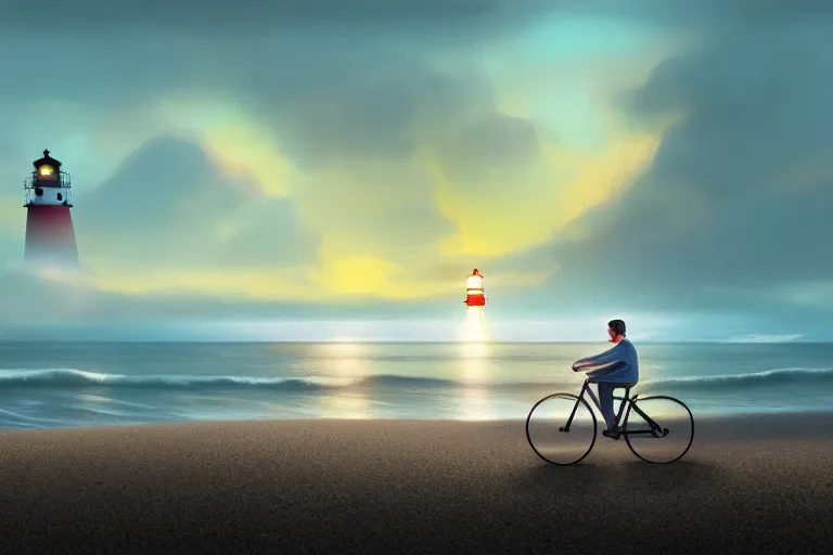 Image similar to photo of man riding a bicycle along the beach that is lit by glowing organisms underwater toward a lighthouse in the distance, wide horizon, large white clouds, intricate, elegant, highly detailed, digital painting, artstation, concept art, smooth, sharp focus, illustration, art by artgerm and greg rutkowski and fra angelico