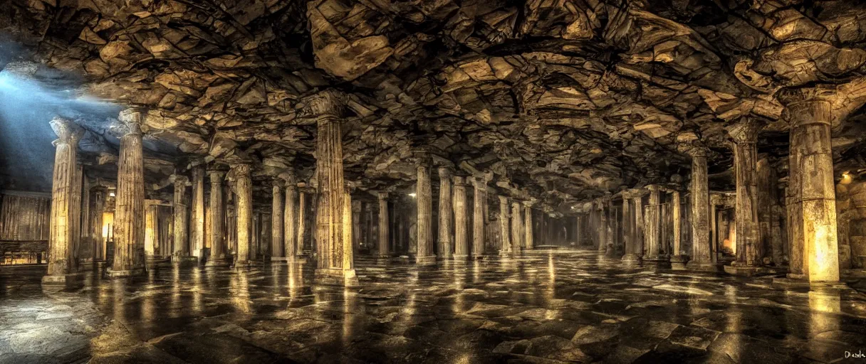 Prompt: a fantasy elven hall interior in the style of a waterfall cave, huge Greek columns, wet floors, high ceiling, dark moody lighting, foggy atmosphere, bright colors, photo by Denis Villeneuve, low angle view