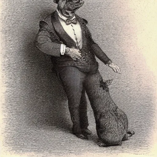 Prompt: detailed portrait of a pig in a tuxedo, illustration by Paul Gustave Doré