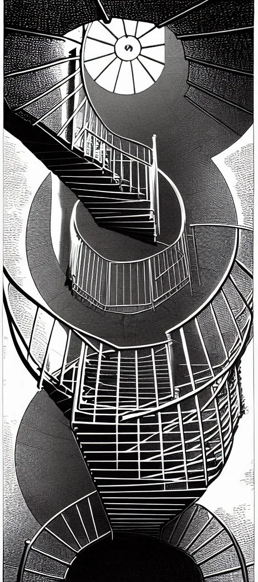 Prompt: a spiral staircase inside a tall circular tower. engraving by gustave dore, kentaro miura. extremely high details, masterpiece, artstation contest winner, black and white, smooth lines, realism, realistic, view from below