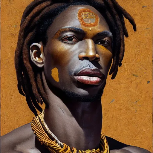Prompt: a professionally painted african male model , clothed in ancient street wear, dark skin, reddish gold dreadlocks hair, beautiful bone structure, symmetrical features, intricate, elegant, digital painting, smooth, soft focus, illustration, made by Kehinde Wiley, Kara Walker, Jacob Lawrence, Sam Gilliam, Edmonia Lewis,