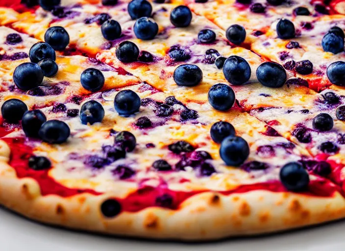 Image similar to A delicious plate of a big pizza with small blueberries on, extra cheese, close up food photography, studio lighting, Sigma 35mm f/1.4