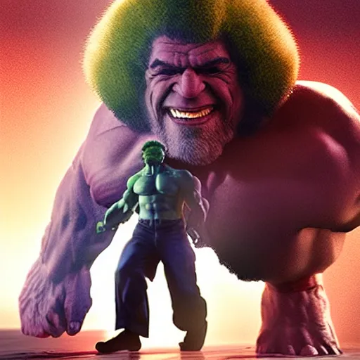 Image similar to photomanipulation of BOB ROSS as hulk with human flesh, marvel, fully detailed, volumetric lightening, octane render