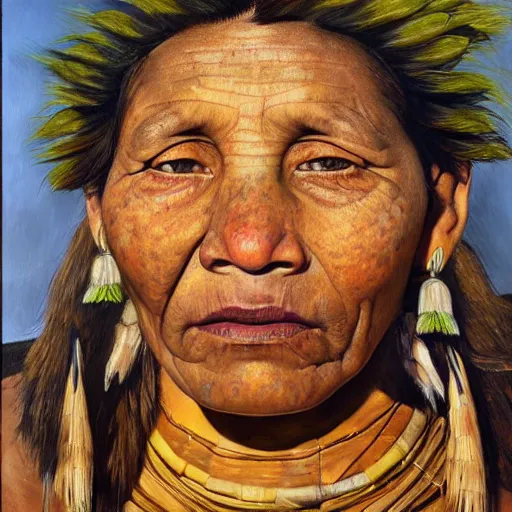 Prompt: high quality high detail painting by lucian freud, hd, portrait of a indigenous tribe woman, photorealistic lighting