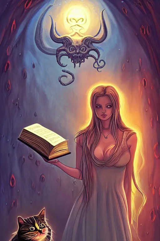 Prompt: romantic illustration of bright girl, her cat and her book of necronomicon, symmetrical, cinematic, sharp focus, 4 k, ultra hd, sense of awe, sinister demonic atmosphere, dreadful, forbidden knowledge, old gods, cthulhu, yog - sothoth! yah, yah, yah! cultist journal cover