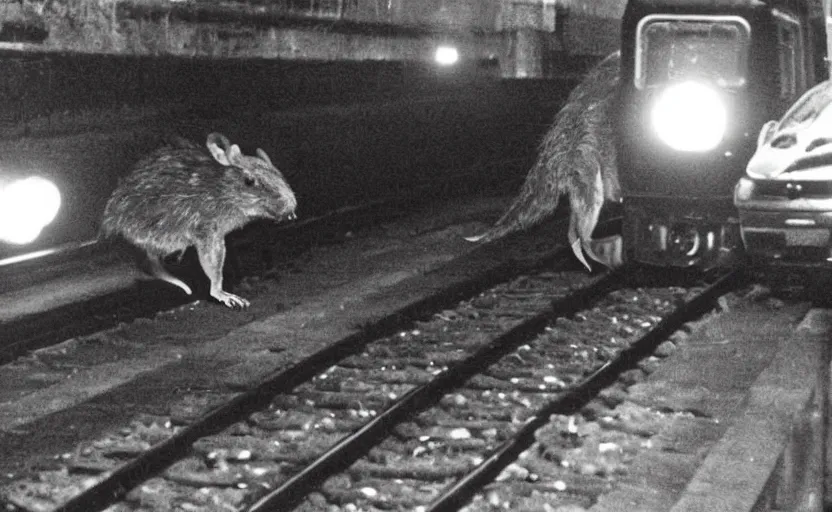 Image similar to old photo from 1 9 6 5. very large giant mutant zombie rat on railways in tonnel of moscow metro. extreme high detail. low dark light, scary atmosphere