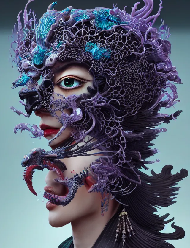 Image similar to 3 d goddess of hell close - up profile portrait with ram skull. beautiful intricately detailed japanese crow kitsune mask and clasical japanese kimono. betta fish, jellyfish phoenix, bio luminescent, plasma, ice, water, wind, creature, artwork by tooth wu and wlop and beeple and greg rutkowski