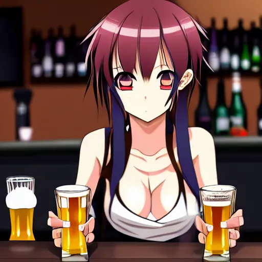 Prompt: Masculine looking anime girl at a bar drinking a beer, warm glow from the lights, angle that looks up at her from below, deviantart, pixiv, detailed face, smug appearance, beautiful anime, obviously drunk with reddish cheeks, detailed anime eyes with pupils