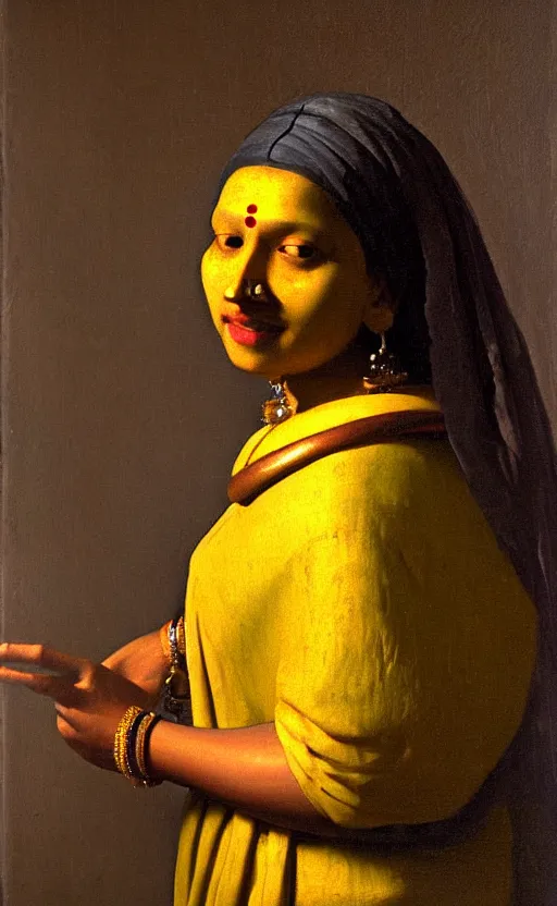 Prompt: Indian woman wearing fancy jewelry and a face mask, rembrandt lighting, oil on canvas by johannes vermeer