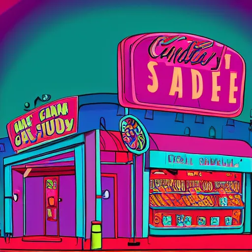 Image similar to a candy store scene, digital art, bubblegum noir aesthetic