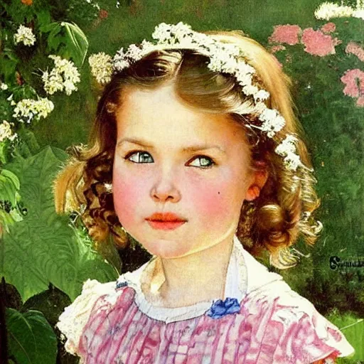 Image similar to a little girl with wavy light brown hair and blue eyes in a beautiful garden. beautiful painting by norman rockwell and raymond swanland, beautiful detailed face.