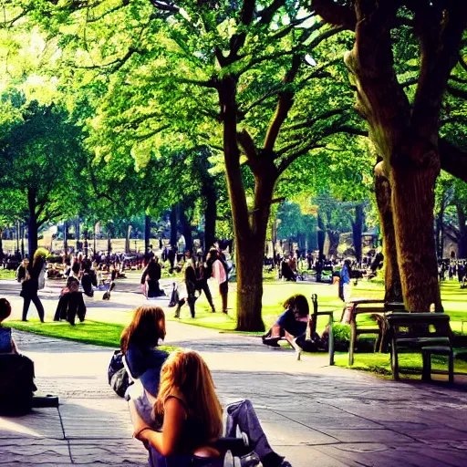 Prompt: beautiful green park with people hanging out, inside of a shopping mall
