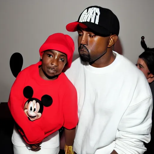 Prompt: kanye west wearing a mickey mouse hat