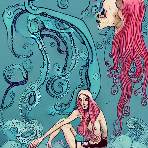 Image similar to a sad humanoid octopus girl with tentacles instead of limbs sitting on the floor, illustration by Martine Johanna