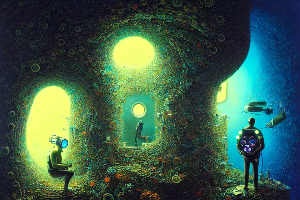 Image similar to gediminas pranckevicius detailed portrait of a cyberpunk scuba diver inside a dmt portal by james r eads and tomasz alen kopera